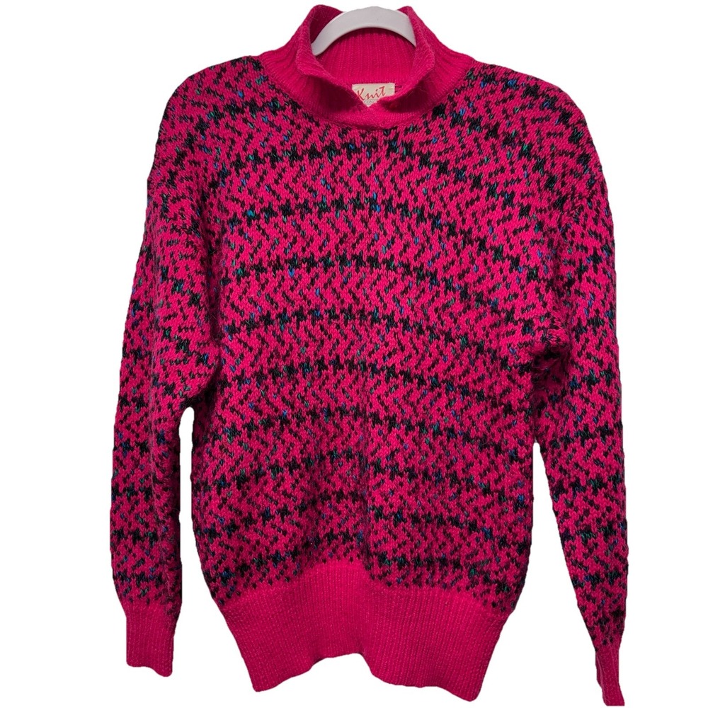 VTG Pink Houndstooth Chunky Knit Sweater Oversized Sm / Med Wool Blend Mock Neck